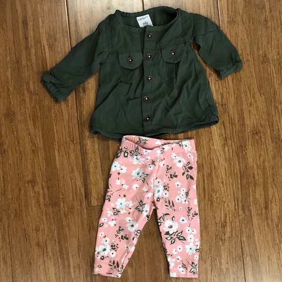 Carter/'s Girls/' 2-Piece Button-Front Olive Top /& Print Legging Set NWT outfit